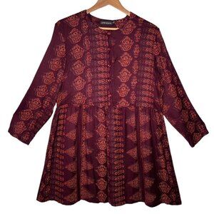 Antik Batik Cila Long Sleeve Burgundy Shirt Dress Aztec Bohemian Size S Praire